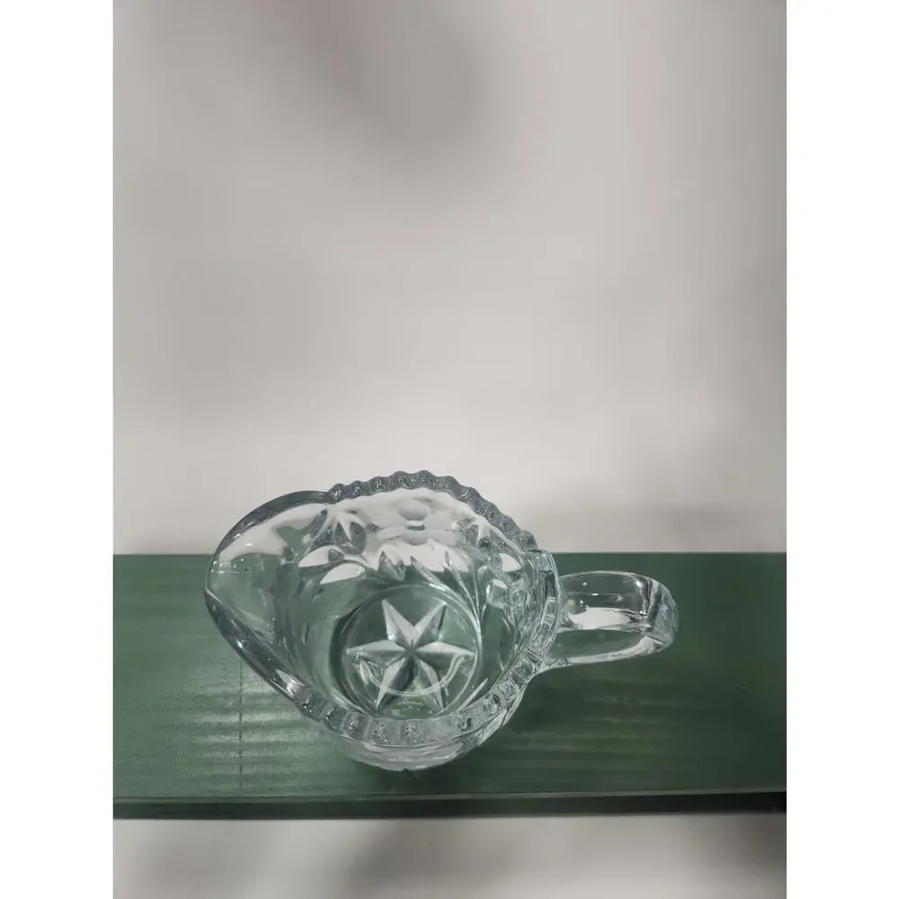 Vintage Clear Pressed Glass Creamer Etched Floral Scalloped Rim Starburst 5